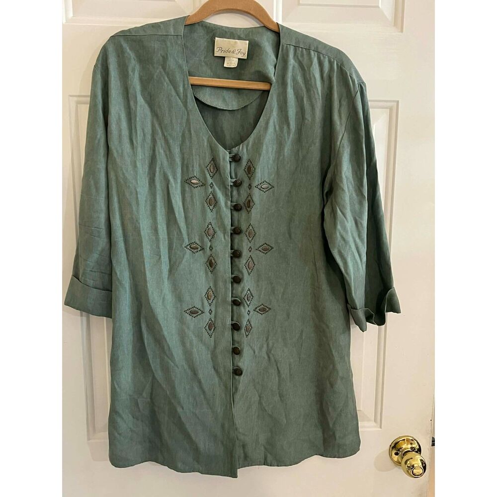 Vtg Sage Green Button Up Blouse Embellished Boho Western Rodeo Festival tunic 10